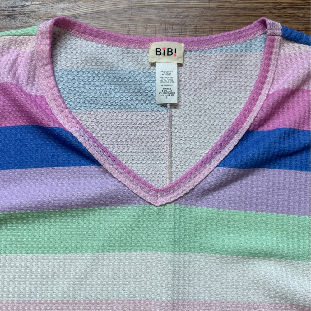 BiBi Women’s Oversized Striped Waffle Rolled Short Sleeve T Shirt Size Large - Picture 8 of 9